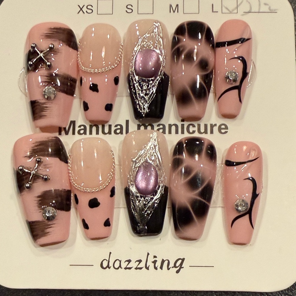 Coffin Shape Dazzling Pink and Black Press-On Nail Set
